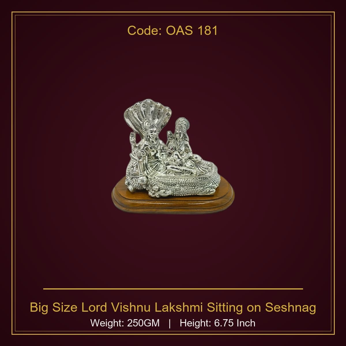 999 Silver Big Size Lord Vishnu Lakshmi Sitting on Seshnag