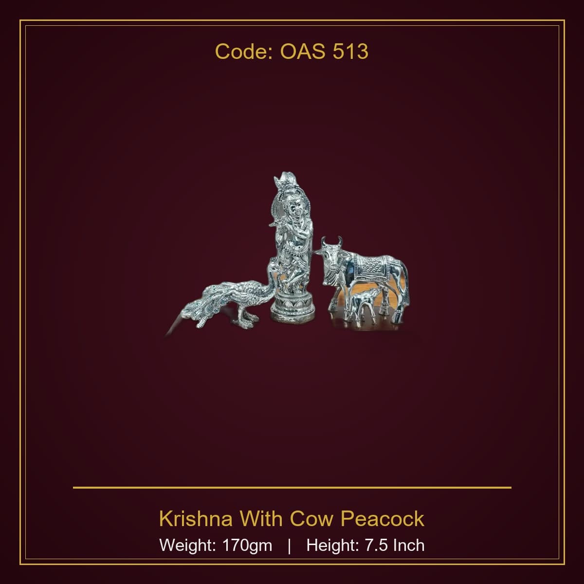 999 Silver Krishna With Cow & Peacock