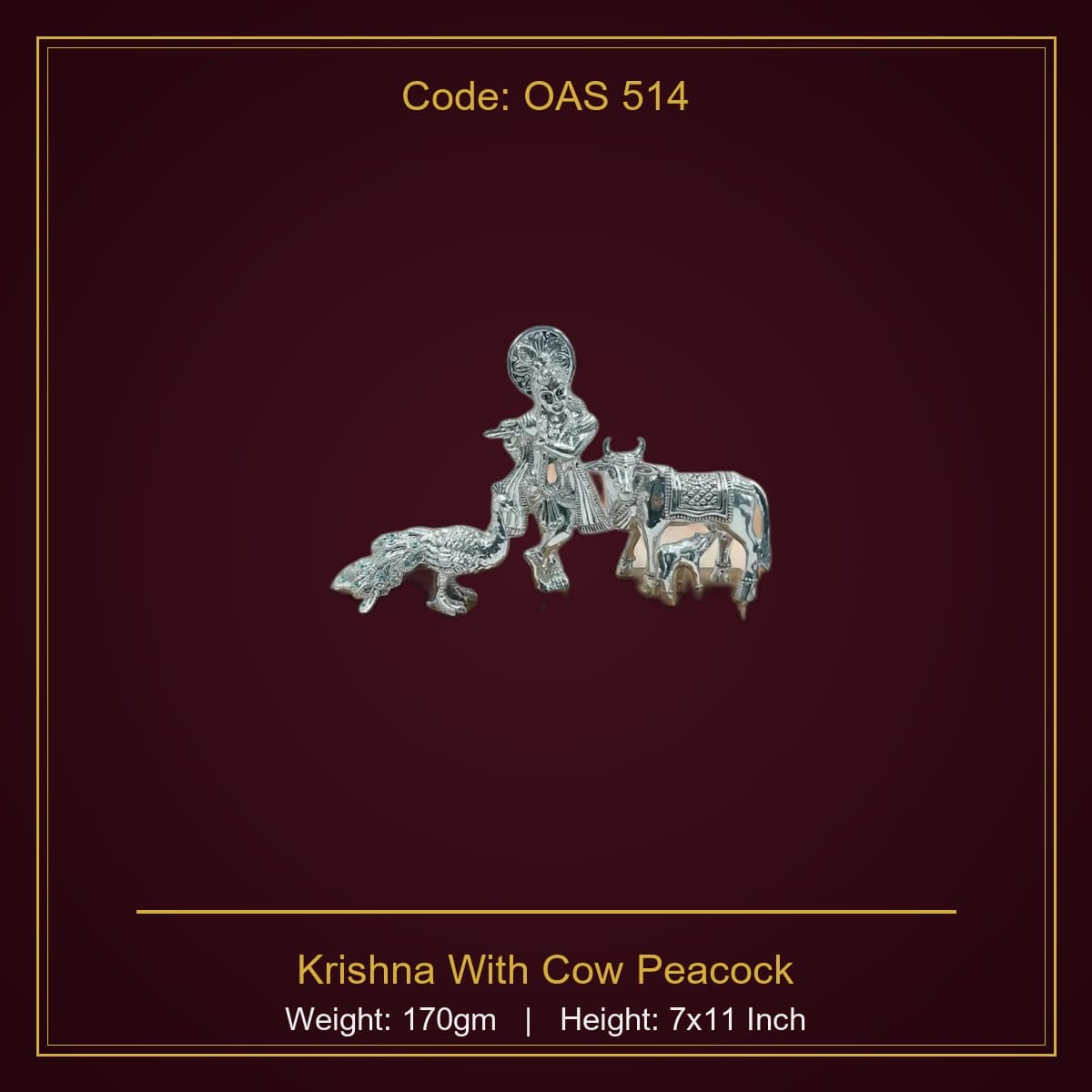 999 Silver Krishna With Cow & Peacock