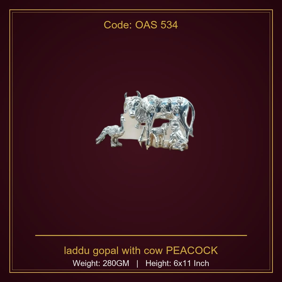 999 Silver laddu gopal with cow & PEACOCK